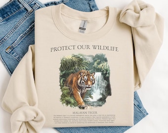 Malayan Tiger Sweater, Big Cat Gift for Tiger Lover, Retro Wildlife Animals Sweater for Wildlife Biologist Gift, Vintage Wildlife Sweater