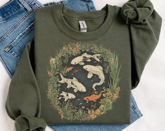 Vintage Koi Fish Pond Shirt, Cottagecore Sweater, Koi Fishing Gift, Boho Fairycore Clothing, Goblincore Pond Shirt, Asian Koifish Gift