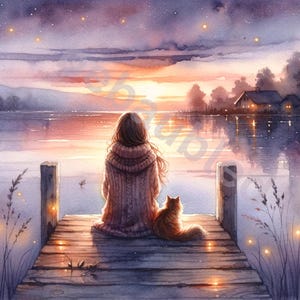 Könnte beinhalten: Eine Frau in einem braunen Pullover sitzt auf einem Holzsteg mit einer Katze an ihrer Seite. Die Szene ist ein Aquarellbild mit einem Sonnenuntergang über einem See im Hintergrund. Der Himmel ist lila und rosa mit Sternen und das Wasser spiegelt den Sonnenuntergang wider.