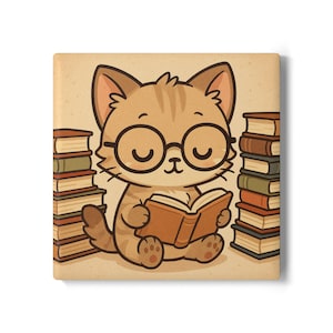 Cute Cat Reading Ceramic Coaster, Book Lover Gift, Cat Lover Decor, Coffee Table Accessory, Gift for Cat Owners, Bookish, Literary Gifts