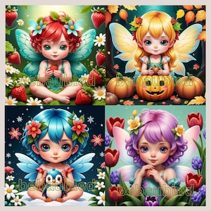 4 fichiers PDF des Quatre saisons en fées, oeuvre d'art pour chambre d'enfant, illustration pour faire-part de saison - décoration féerique