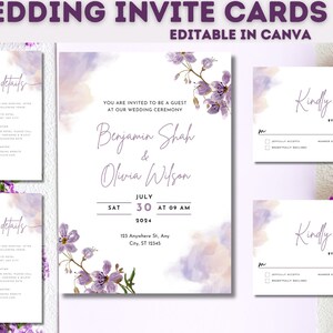 May include: A set of wedding invitation cards with a watercolor background and purple flowers. The cards include the wedding details, the names of the couple, Benjamin Shah and Olivia Wilson, the date and time of the ceremony, and a RSVP card.