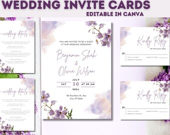 May include: A set of wedding invitation cards with a watercolor background and purple flowers. The cards include the wedding details, the names of the couple, Benjamin Shah and Olivia Wilson, the date and time of the ceremony, and a RSVP card.