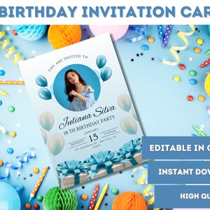 Peut inclure: Une carte d'invitation d'anniversaire bleue et blanche avec une photo d'une personne et des ballons. Le texte sur la carte indique "Vous êtes invité à Juliana Silva 18e anniversaire Lundi Janvier 15 10h00 123 Anywhere, Any City, ST 12345". La carte est entourée de confettis et de serpentins colorés.