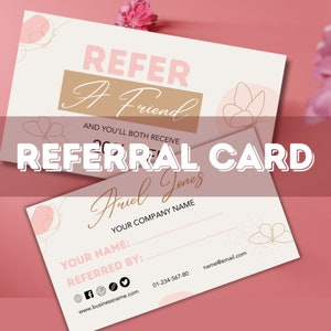 Cartão de referência editável rosa | Indique um cartão de amigo | Cartão de referência | Cartão de desconto | Cartão de recompensas moderno | Indique um amigo | Presente personalizado