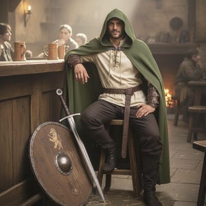 May include: A person wearing a green hooded cloak, tan shirt, brown pants, and boots, seated on a wooden stool. A sword and shield with a lion emblem rest against the stool. The scene is set in a dimly lit tavern.