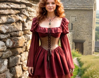 Medieval Short Tulle Dress with Corset & Flared Sleeve: Rustic Cottagecore Elven Gown, Fantasy Renfaire Outfit, LARP Women Costume