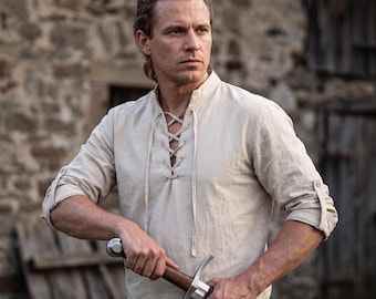 Medieval Linen Cotton Shirt, Mens Lace-Up Tunic, Renfaire Male Viking Cosplay Costume, Peasant Ranger Pirate Outfit