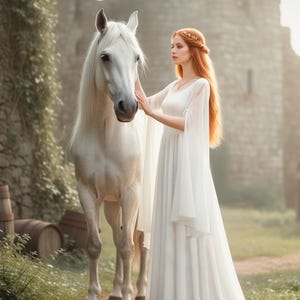 Puede incluir: Un caballo blanco está junto a una persona con un vestido blanco largo y fluido. La persona tiene el pelo largo y rojo y está tocando el cuello del caballo. La escena está ambientada al aire libre, cerca de una estructura de piedra.