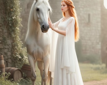 Medieval Fairytale Elven Dress: Forest Fairy Gown Tulle Flared Sleeve Plus Size, Women Costume for Renaissance faire or Fantasy Elf Cosplay