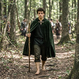 May include: A person with curly hair wears a dark green velvet hooded cloak fastened with a leather clasp over a black shirt and dark trousers. The person holds a long, textured wooden walking staff while walking barefoot on a forest path.