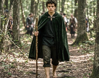 Capa con capucha de hobbit, capa de terciopelo verde bosque con capucha, cosplay de rol, larp y rol de fantasía medieval, disfraz de druida elfo para Halloween