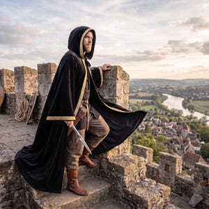 May include: A black hooded cloak with gold trim worn over a dark tunic and brown trousers. The outfit includes a brown leather belt with a sheath and a silver-toned dagger. The attire is completed with brown leather boots, creating a layered look.