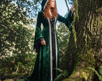Middeleeuwse elfenjurk met capuchon, smaragdgroen fluweel, gotische heksenjurk met capuchon, renaissance tovenaresmantel voor vrouwen, Halloweenkostuum