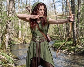 Middeleeuwse damesmantel met capuchon en riem, bosgroene cape/tuniek met capuchon, Ranger Viking LARP Renfaire Cosplay kostuum