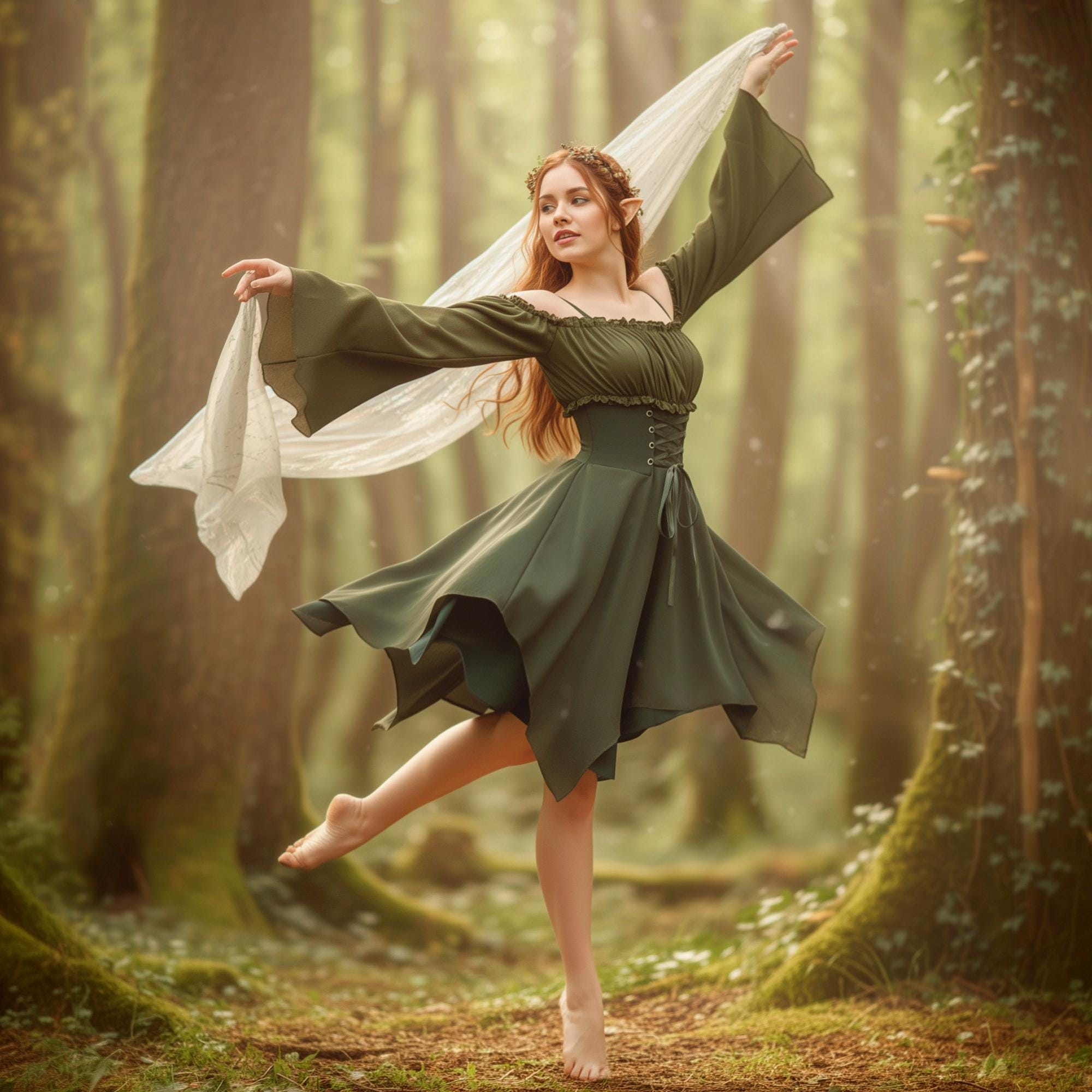 Green Forest Fairy Dress: Short Off Shoulder Lace-Up Corset Dress for Medieval Fantasy Cosplay, Size XS - XXL, Pixie Elven Costume