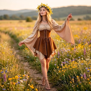 Short Elven Dress - Woodland Forest Fairy Dress Corset Flared Sleeve, Medieval Fantasy Renfaire Elf Outfit, LARP DnD Women Cosplay Costume