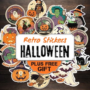 May include: A collection of retro Halloween stickers featuring pumpkins, witches, ghosts, and Frankenstein's monster. The stickers have a vintage design with the words "Retro Stickers" and "Halloween" prominently displayed. The image also includes the text "Plus Free Gift".