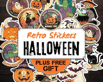Retro Halloween Stickers Bundle: Pumpkins, Ghosts, Cats, Witches. Vintage Junk Journal Kit, Ephemera Clipart Printable PNG Instant Download