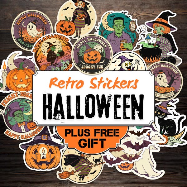 Retro Halloween Stickers Bundle: Pumpkins, Ghosts, Cats, Witches. Vintage Junk Journal Kit, Ephemera Clipart Printable PNG Instant Download