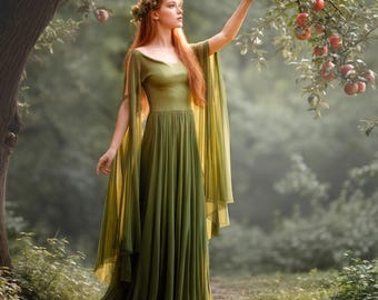 Robe elfique médiévale vert forêt, robe de conte de fées en tulle grande taille, costume d'elfe Renaissance pour femme