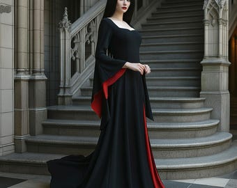 Black & Red Gothic Witch Dress: Crimson Bat Flared Sleeve, Long Floor Train, Women Halloween Costume 2025 in Medieval Vampire Style