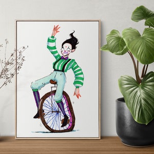 Unicycle Clown Clowncore Print, Unique Character Design, Traditional Art, Illustration Wall Decore, Watercolor Paper Creepy Spooky Witchcore