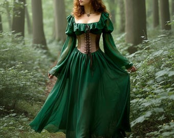 Medieval Cottagecore Elven Dress: Long Tulle Gown with Waist Lace Up Corset for Fantasy Renaissance Faire Cosplay, Size S-XXL