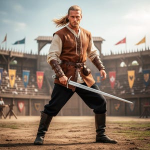 May include: A person in medieval attire, holding a sword, stands in a dirt arena. They wear a brown leather vest over a cream-colored shirt, black pants, and tall black boots. The background features a wooden structure with colorful flags.