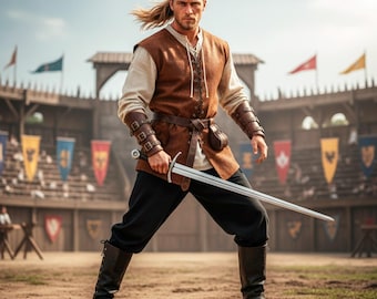 Conjunto de 7 piezas de guerrero vikingo medieval: túnica con cordones, pantalón, chaleco, cinturón multiusos y brazaletes de caballero, disfraz renacentista para LARP.