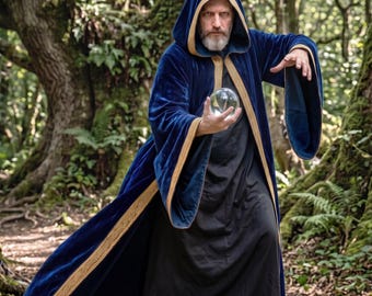 Wizard Hooded Mantle Full Length, Blue Sorcerer Halloween Costume, Monk Robe Hood, Velvet Long Mage Cape Cloak, Fantasy Renfaire Cosplay