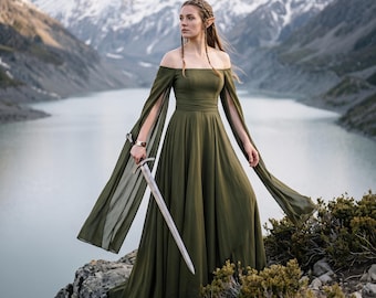 Medieval Chiffon Elven Dress, Forest Green Fairytale Tulle Gown Plus Size, Renaissance Faire Women Elf Costume
