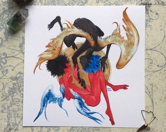 Fire Child & Water Child - alchemy angel watercolor art - 8x8" giclee print