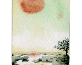The low watery places - 5x7 giclee bamboo print - fantasy landscape watercolor illustration - river, tree