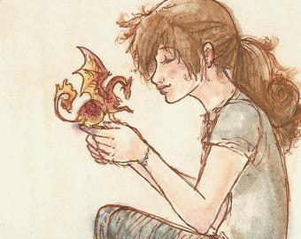 Reading with dragon fantasy art - 5x7 giclee bamboo print - Weekends with Archibald
