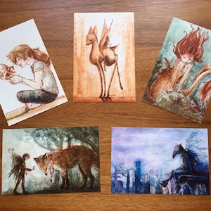 3 cartes postales d'art fantastique aquarelle - dragon, sirène, faon, fée, renard, corbeau