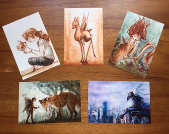 3 Watercolor Fantasy Art Postcards - dragon, mermaid, fawn, fairy, fox, crow