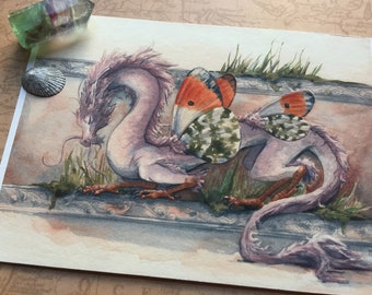 Orange Tip East Asian Dragon - 5x7 giclee bamboo print - fantasy butterfly dragon art