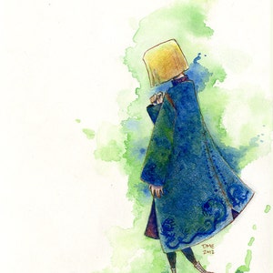 May include: A watercolour painting of a person wearing a blue coat with intricate designs and a yellow hat. The person is walking away from the viewer, and the background is a soft green watercolour wash.