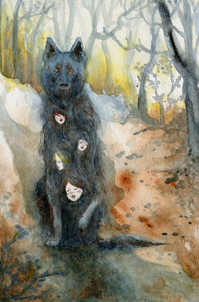 ACEO ghost dog autumn fantasy art print The Hairy Dog Etsy