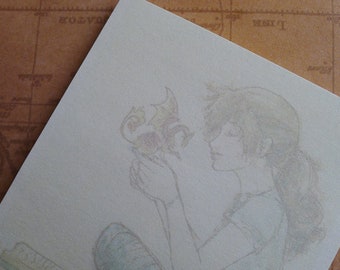 May include: A watercolor illustration of a person holding a small, winged creature. The person has long, dark hair and is wearing a simple shirt. The creature is light brown and has a long tail.