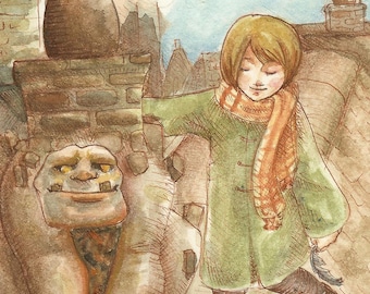 ACEO Victorian fantasy art print, girl & monster - Ilse and the Chimney Golem