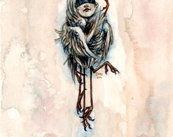 ACEO gothic fantasy angel bird painting print - Taxidermy
