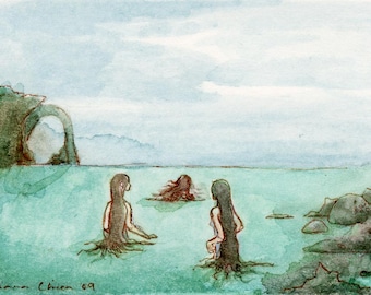ACEO mermaid selkie painting - giclee bamboo print - The sea-maids went out