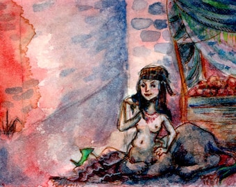 ACEO fantasy watercolor print - Sphinx on Haruspex Way