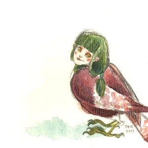 ACEO-Fantasy-Anime-Vogel-Mädchen-Art print - Apple Wangen - limitiert