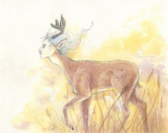 Fairy Deer Boy Watercolor Giclee Print, Eerie Fantasy Faerie Art (5x7)
