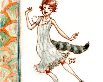 ACEO flapper raccoon girl print - Roxane Out on the Town - limited
