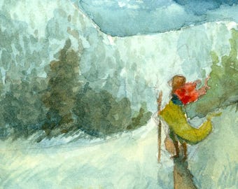 The Wayfarer - 5x7 giclee bamboo print - fantasy mountain adventure watercolor art