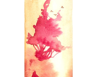 Lift into the Light - 5x7 print - minimal surreal watercolor tree & birds painting - pink brown orange